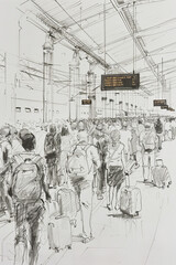 Obraz premium A black and white sketch of a bustling train station