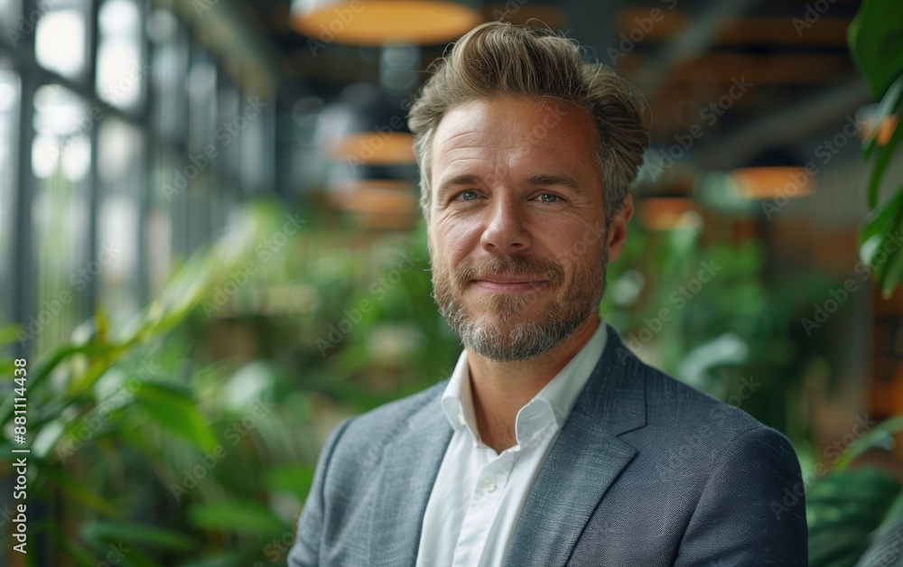 Poster a man in a suit and tie is smiling for the camera. he looks confident and happy. the image is set in