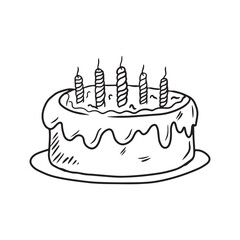 Tasty beautiful biscuit cake with chocolate glaze, and striped candles as a symbol of happy birthday in black. Hand drawn vector sketch illustration in doodle engraved vintage line art style.
