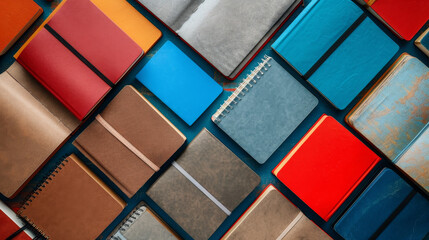 Top View Composition: The scene is captured from above, providing a clear view of several school notebooks arranged side by side. This angle allows for easy comparison of different designs and colors.