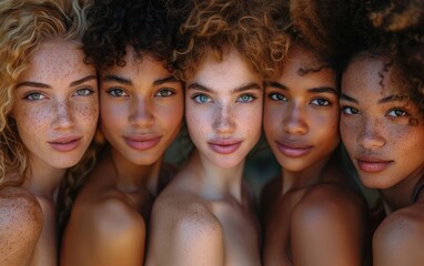 Fototapeta premium A group of women with different hair colors and styles are posing for a photo. Scene is one of unity and diversity, as the women come together to celebrate their differences and similarities