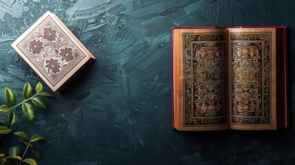 Ornate Book With Floral Design on Teal Background
