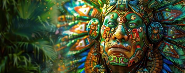 Majestic Ancient Aztec Warrior Amid Vibrant Jungle with Intricate Details