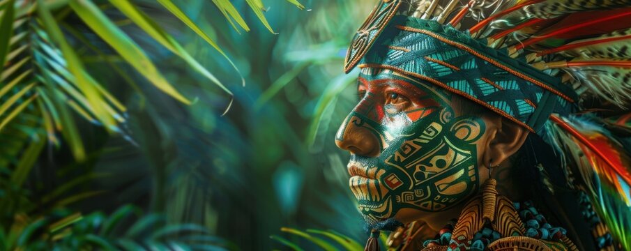 Majestic Ancient Aztec Warrior in Vibrant Jungle Setting with Intricate Details