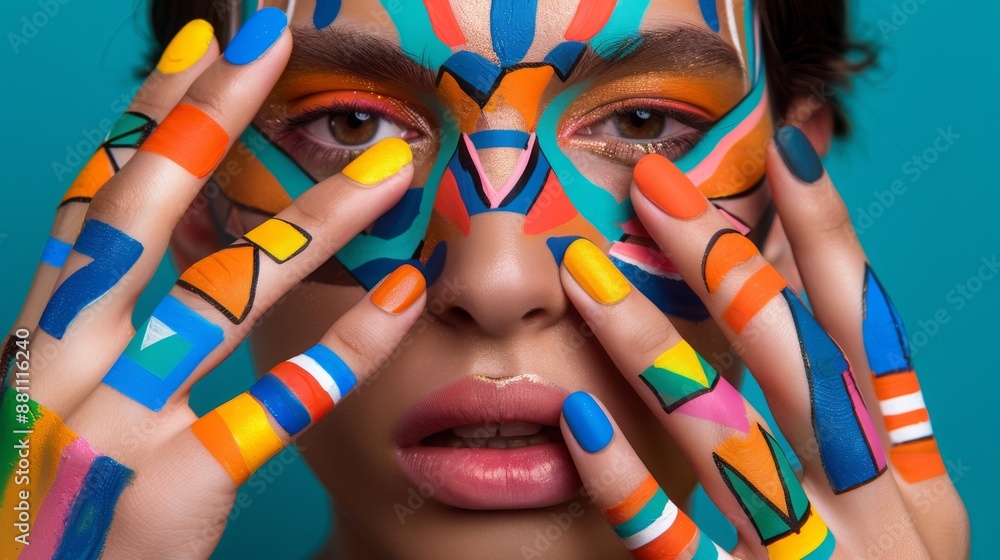 Aufkleber man with colorful geometric patterns painted on her face and hands stares directly at the camera.