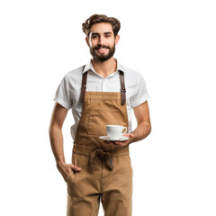 Fototapeta premium Smiling young man in apron presenting a cup of coffee on transparent background