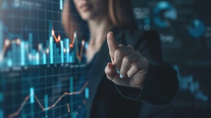 Confident Businesswoman Pointing at Upward Trend Graph on Modern Dark Background