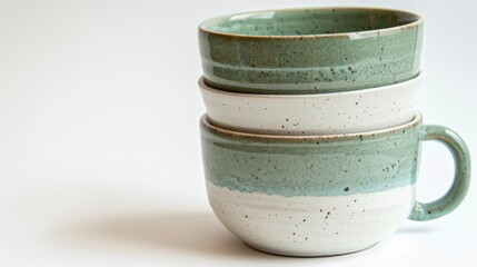 Green and white ceramic cups in a side view on a white background for kitchen decoration