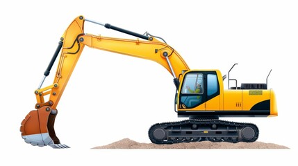 Earthmoving excavator, construction site machinery, detailed heavy duty work, flat design illustration, realistic photo, cinematography, hyper realistic