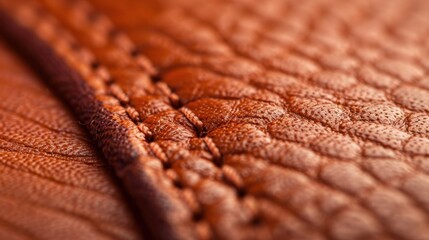 An up-close view of textured leather in warm brown hues with detailed stitching, showcasing the fine workmanship and rich surface that represents luxury and durability.