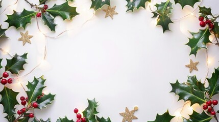 Festive border of holly leaves, red berries, and golden stars on a light background with space for text. Concept of Christmas decoration and holiday invitation.