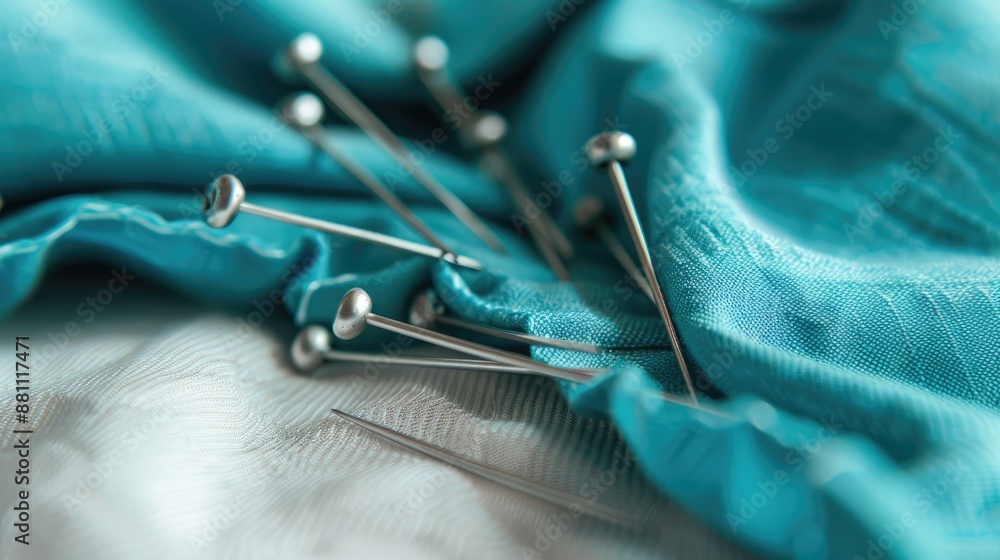 Aufkleber creating with turquoise cotton using metal pins to secure fabric hem on a white background for sewin
