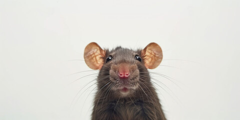 A close-up portrait of a rat with a white background