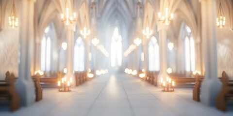 Obraz premium Beautifully lit church interior with soft, warm bokeh effect, creating a serene and spiritual atmosphere. Divine light concept.
