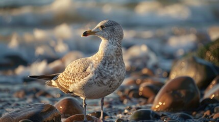 Close up of a wild seagull standing on a rocky seashore