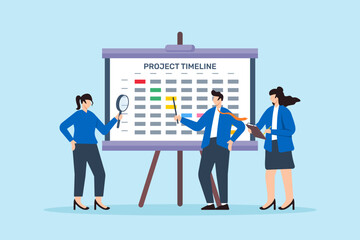 Vector illustration of colleagues analyzing project timeline on whiteboard deadline tracking and task prioritization