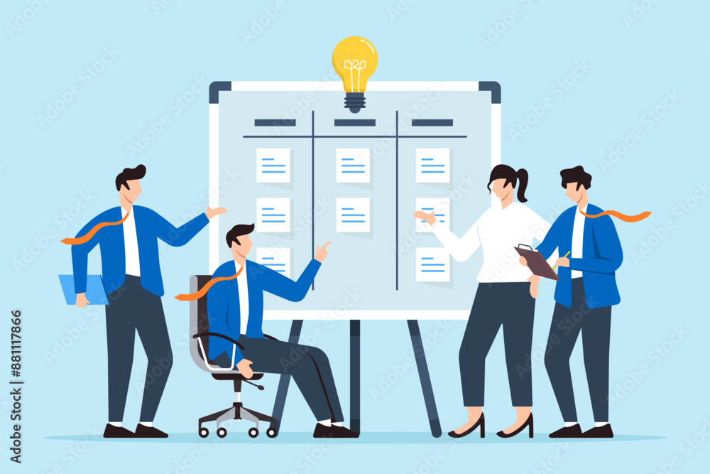 Poster vector illustration of team members categorizing ideas on whiteboard with sticky notes brainstorming