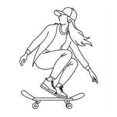 Fototapeta premium young woman on a skateboard as a line art vector illustration. 