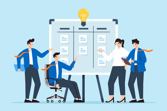 Vector illustration of team members categorizing ideas on whiteboard with sticky notes brainstorming session