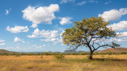 Obraz premium Lone Tree in African Savanna Under a Blue Sky With Fluffy Clouds