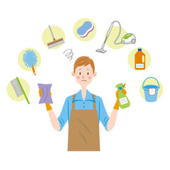 掃除する男性のイラスト　困る　ストレス　お父さん　家事　掃除道具