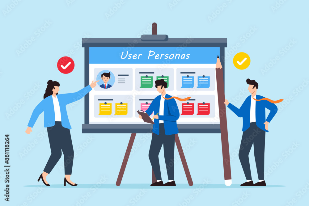 Poster vector illustration of colleagues mapping user personas with sticky notes on whiteboard target audie