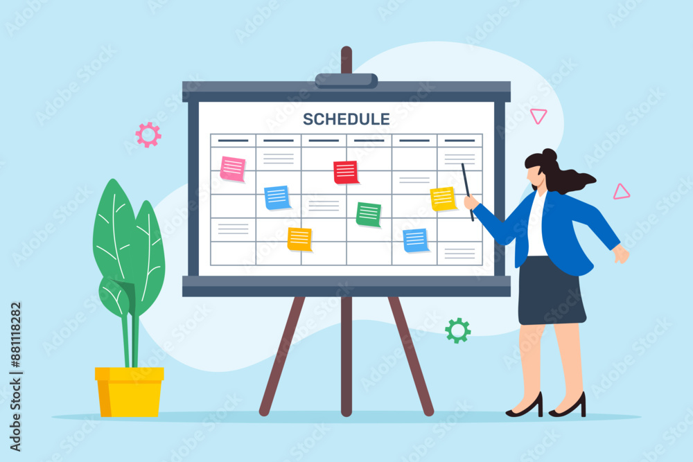 Poster vector illustration of employee organizing event planning schedule with sticky notes on whiteboard t