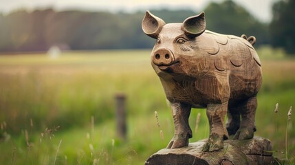 Obraz premium Rural wooden pig statue with space for text