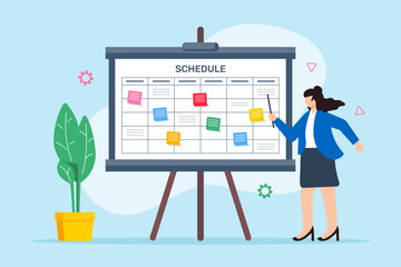 Vector illustration of employee organizing event planning schedule with sticky notes on whiteboard task allocation