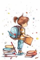 Back to school. Vertical banner. Schoolgirl with backpack, notebooks and pens. Watercolor illustration. Start of the school year. Day of knowledge. Free space for text