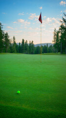 Yellow golf ball on the green with the flag and hole at sunrise, selective focus on the foreground