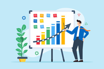 Vector illustration of businessman outlining financial plan with sticky notes on whiteboard budgeting strategy