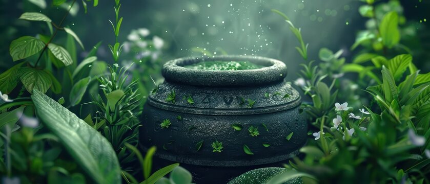 A supernatural scene features enchanted herbs and rare ingredients that shimmer with radiant energy