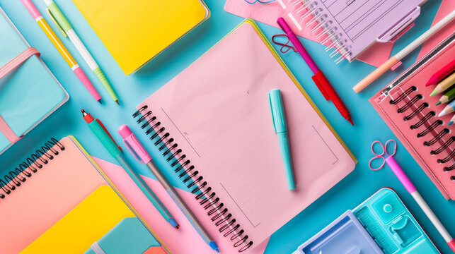Top View Composition: The scene is captured from above, providing a clear view of several school notebooks arranged side by side. This angle allows for easy comparison of different designs and colors.