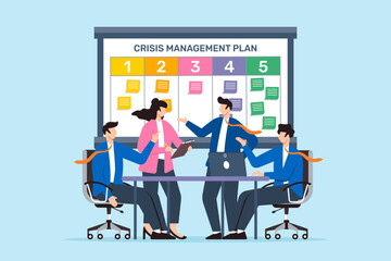 Vector illustration of colleagues preparing crisis management plan with sticky notes on whiteboard emergency response