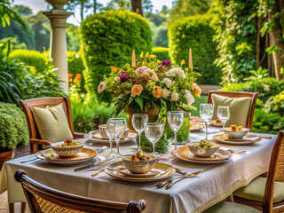 Elegant dining table setting with gourmet dishes, fine china, and linens, surrounded by lush greenery, evoking a private culinary experience in a luxurious home setting.