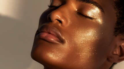 A close-up image of a man's face with gold glitter makeup. The woman's eyes are closed, and the light is catching the glitter, creating a sparkling effect.