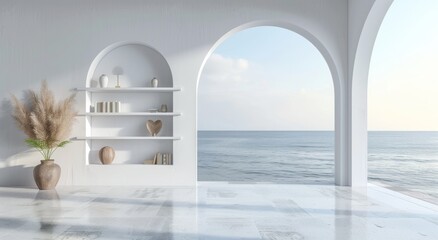 Minimalist coastal interior with arched doorways, white walls, and a serene ocean view