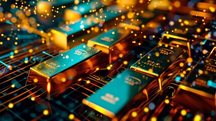 computer motherboard with cpu on background and gold bars