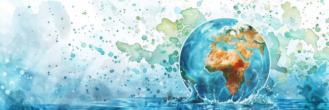 World Water Week. Horizontal banner. Blue drop of water symbolizing planet earth on a blue background. Save water and environment concept. Climate change problem. Watercolor illustration, copy space