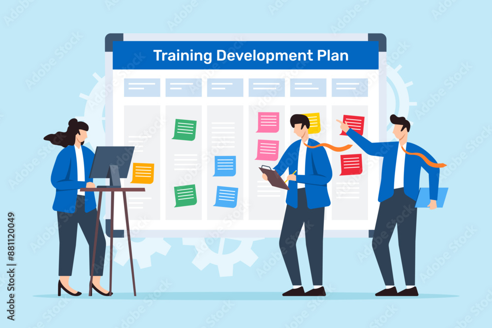 Poster vector illustration of colleagues working together to create training and development plan with stic