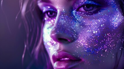 A woman with purple glitter makeup on her face looks intensely at the camera, bathed in purple light.