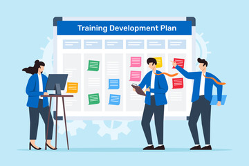 Vector illustration of colleagues working together to create training and development plan with sticky notes on whiteboard © VZ_Art