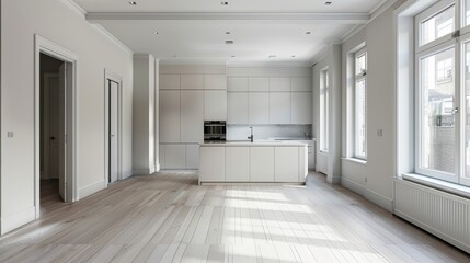 Obraz premium Wide angle view of a bright and modern empty kitchen with large windows and sleek cabinetry