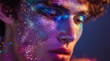Obraz premium A close-up of a person's face with glitter makeup, illuminated by colorful lights. Their eyes are closed and their expression is serene.