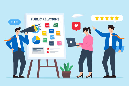 Vector illustration of team organizing public relations strategy with sticky notes on whiteboard PR planning