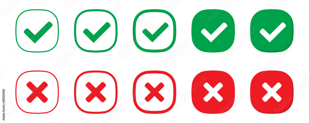 Aufkleber right or wrong icons. green tick and red cross checkmarks. yes or no symbol, approved or rejected ic