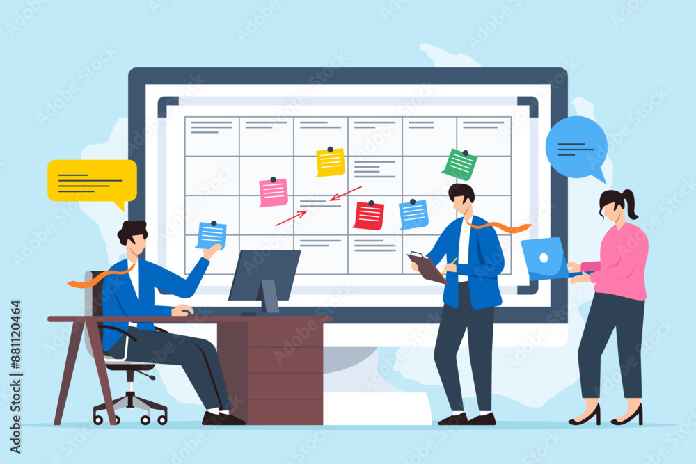 Poster vector illustration of team developing remote work strategy with sticky notes on whiteboard virtual 