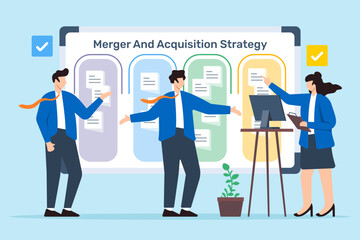 Vector illustration of business team planning merger and acquisition strategy with sticky notes on whiteboard