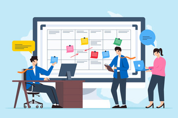 Vector illustration of team developing remote work strategy with sticky notes on whiteboard virtual collaboration